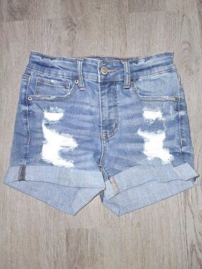 Aeropostale High Rise Midi Short Jean Shorts Size 0 Light Wash Distressed Denim